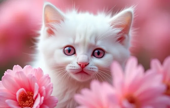 Cat, white, look, flowers, pose, kitty, portrait, pink