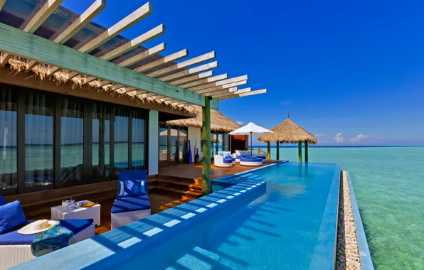 Picture sea, the sky, table, the ocean, interior, chair, pool, the Maldives