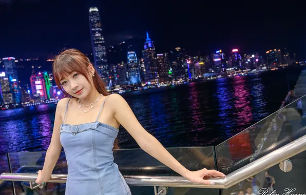 Look, night, the city, lights, pose, river, model, portrait