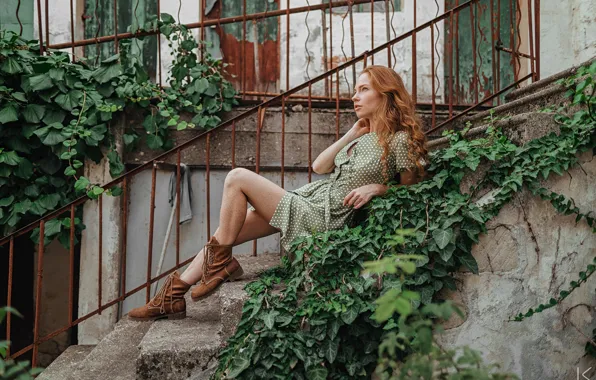 Dress, model, women, redhead, plants, sitting, boots, stairs