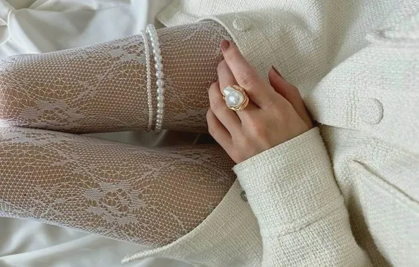 Ring, fingers, manicure, fishnet tights, slender legs