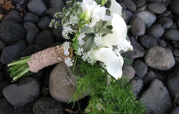 Picture decoration, flowers, stones, bouquet, white, bokeh, Calla lilies, freesia