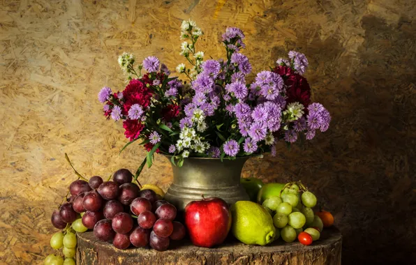 Flowers, apples, bouquet, grapes, fruit, still life, pear, flowers