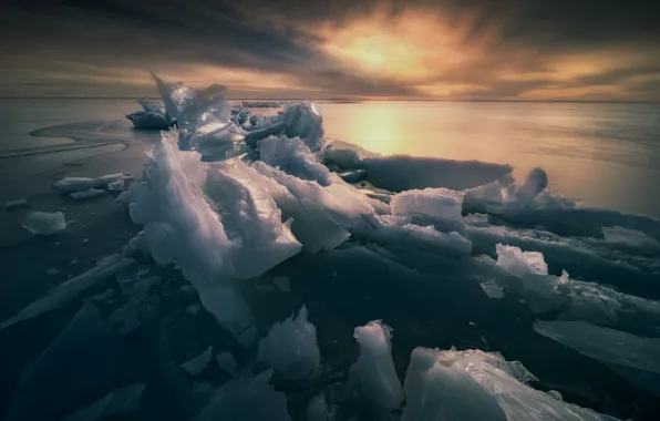 Winter, the sky, clouds, snow, sunset, clouds, shore, ice