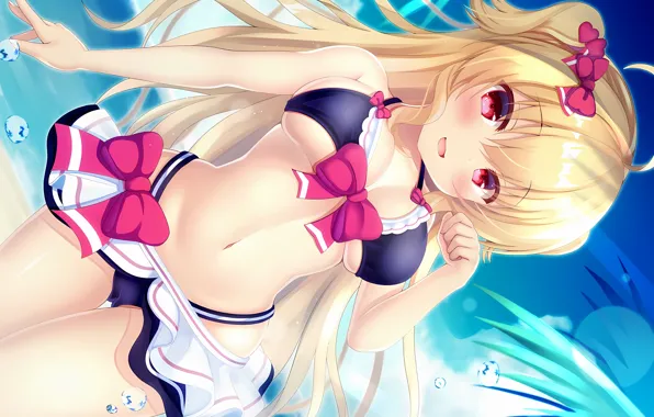 Girl, sexy, cleavage, beach, long hair, sea, boobs, anime
