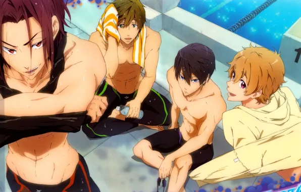 Pool, guys, friends, athletes, free, matsuoka rin, hazuki nagisa, nanase haruka