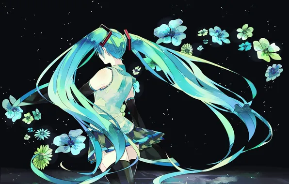 Water, girl, flowers, back, vocaloid, hatsune miku, long hair, Vocaloid