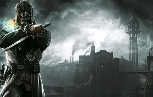 Picture the city, mask, hood, dagger, male, Dishonored