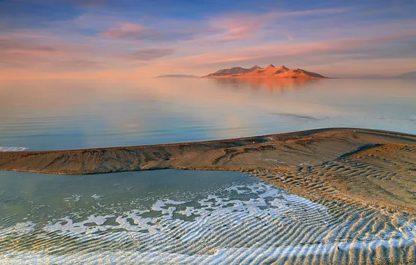 Sea, the sky, clouds, mountains, shore, island, glow