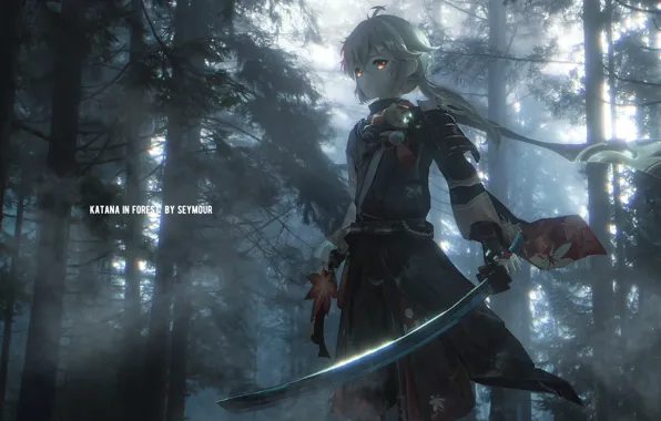 Picture forest, katana, guy, Genshin Impact, Kaedehara Kazuha, SEYMOUR