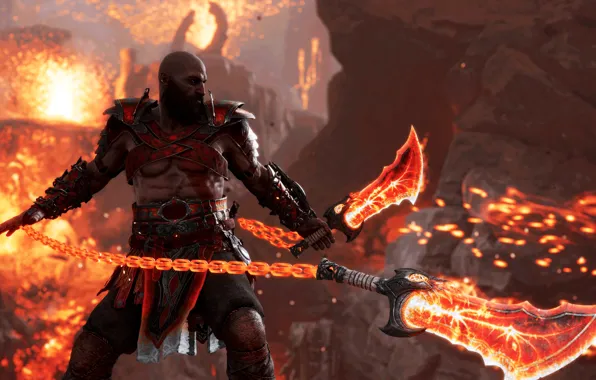 Wallpaper fire, flame, god of war, weapon, kratos, snow, man, blade for ...