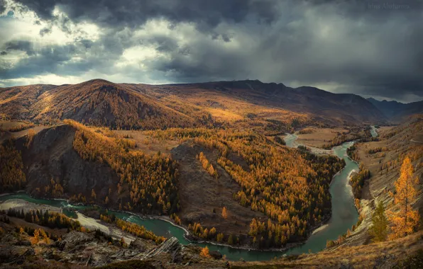 Picture autumn, forest, mountains, clouds, river, hills, shore, view