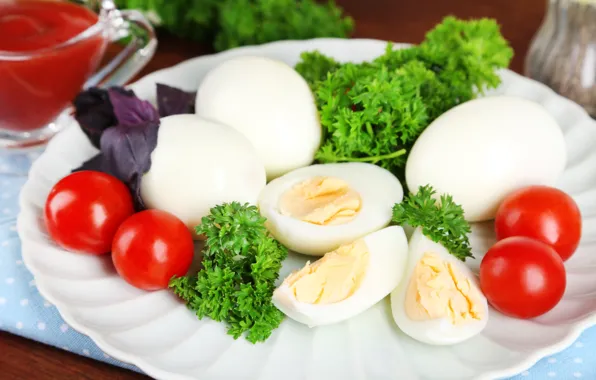 Eggs, tomatoes, parsley, Basil