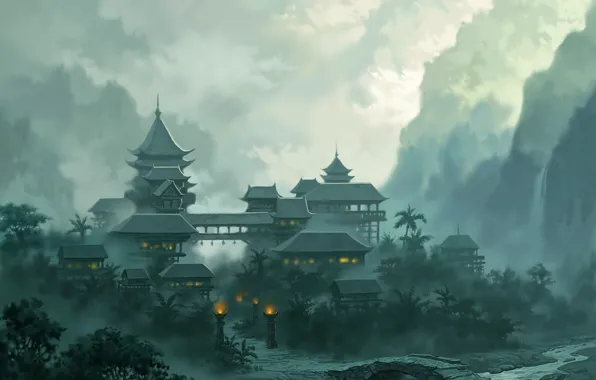 Landscape, mountains, bridge, the city, lights, fog, river, jade dynasty