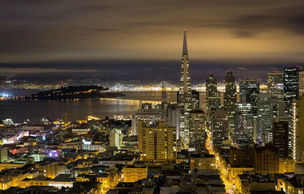 Night, bridge, lights, home, panorama, California, San Francisco
