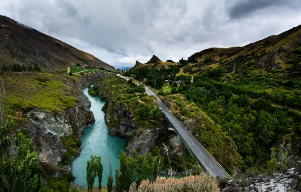 Road, trees, mountains, river, New Zealand, canyon, the view from the top, Queenstown