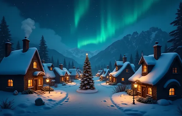 Winter, road, the sky, snow, tree, Northern lights, houses, from darkmasterai