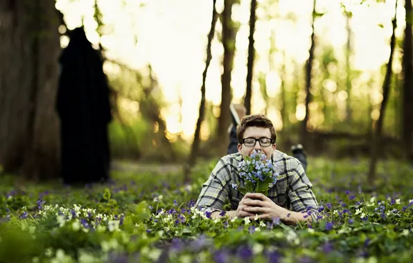 Forest, flowers, background, guy