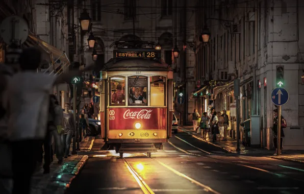 Picture the city, street, home, the evening, lights, tram, Portugal, Lisbon