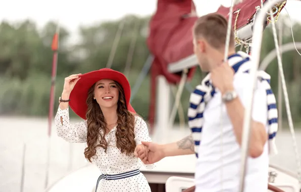 Picture girl, love, stay, yacht, pair, hat, guy, walk