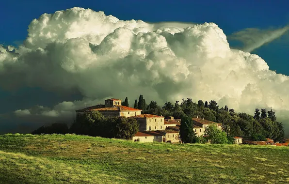 The storm, landscape, nature, house, rain, glade, beauty, Clouds