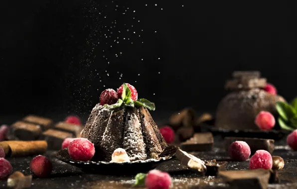 Picture raspberry, cakes, chocolate, cupcakes, powdered sugar