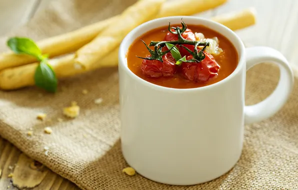 Picture Tomato soup in a mug with baked tomatoes on top, First course, The first dish, …