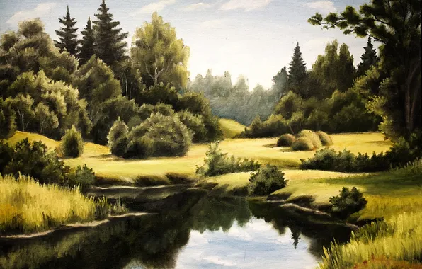 Summer, the sky, grass, leaves, clouds, trees, lake, reflection