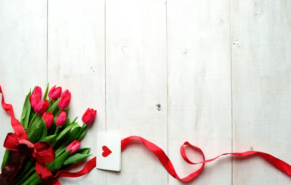 Picture flowers, holiday, tape, tulips, heart, bow, postcard, Valentine's Day