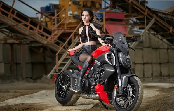 Look, girl, pose, shorts, boots, motorcycle, Asian