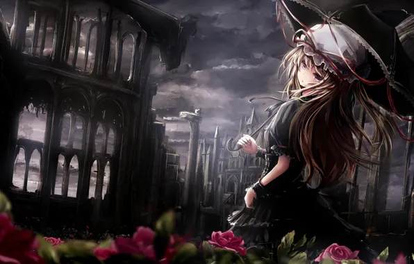 Girl, flowers, the darkness, umbrella, Touhou, Strikingly Is Wait