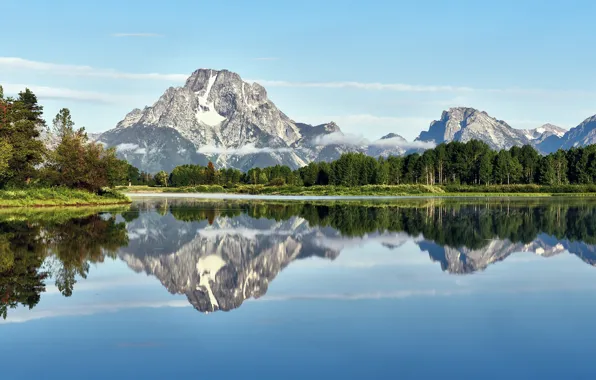 Forest, trees, landscape, mountains, lake, reflection, Grand Teton National Park