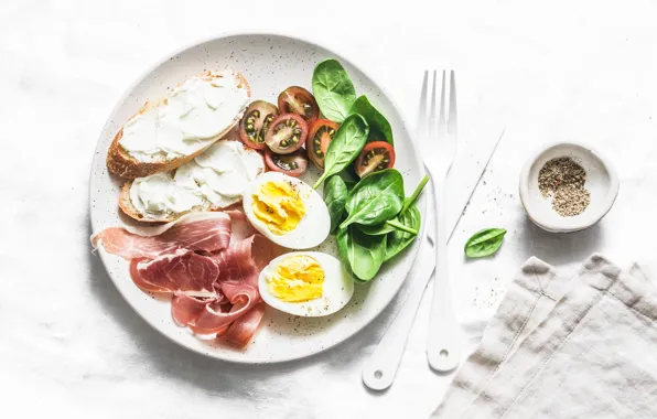 Picture eggs, plate, bread, bacon, spices, Basil, tomatoes-cherry