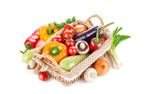 Basket, bow, eggplant, pepper, tomatoes, mushrooms, zucchini