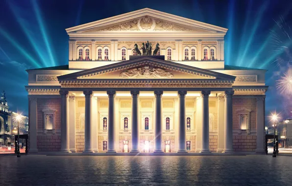 The city, lights, the evening, Moscow, fireworks, Russia, the night sky, The Bolshoi theatre