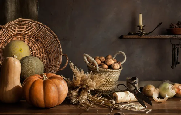 Bow, pumpkin, nuts, still life, thread, keys, scissors, melon