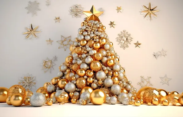 Balls, tree, New Year, Christmas, silver, golden, new year, happy