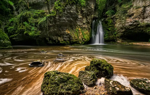 Picture stream, stones, rocks, waterfall, moss, Switzerland, The Tine of Conflens