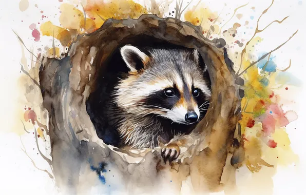 Look, branches, tree, portrait, watercolor, raccoon, white background, painting