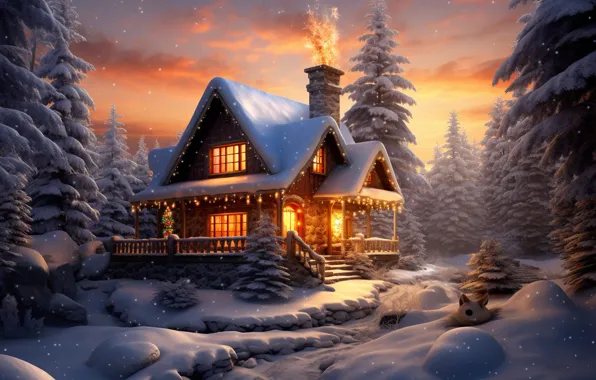 Winter, snow, decoration, night, lights, tree, New Year, Christmas