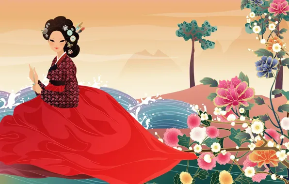 Water, girl, flowers, fan, art, Asian, hanbok