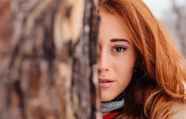 Picture winter, look, girl, snow, face, hair, red, brown eyes