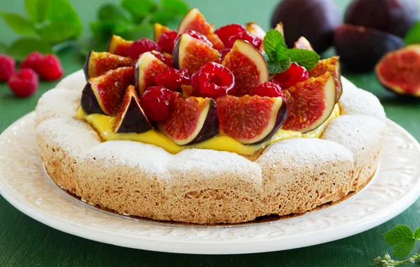 Raspberry, pie, cake, powdered sugar, figs, figs, raspberries, powdered sugar