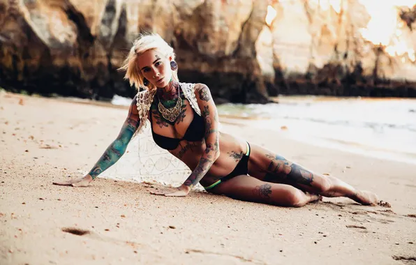 Beach, girl, style, rocks, tattoo, model, Bantik Sized