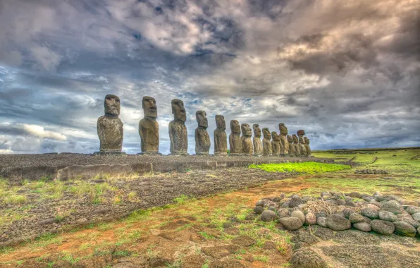 The sky, clouds, Easter island, statue, Chile, Rapa Nui, moai