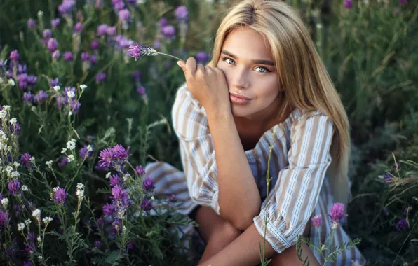 Picture Girl, flowers, sitting, Sergey Sorokin, Luba Ivanova