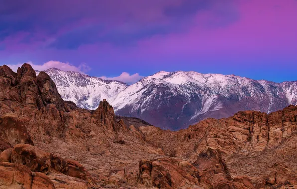 Clouds, snow, sunset, mountains, rocks, dawn, the slopes, tops