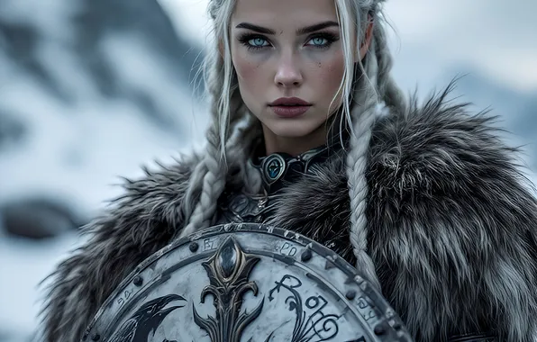 Winter, look, girl, snow, mountains, pose, fantasy, blonde