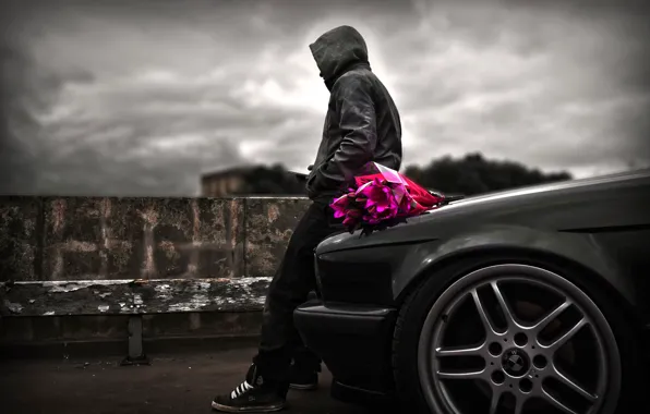 Machine, bouquet, guy, waiting