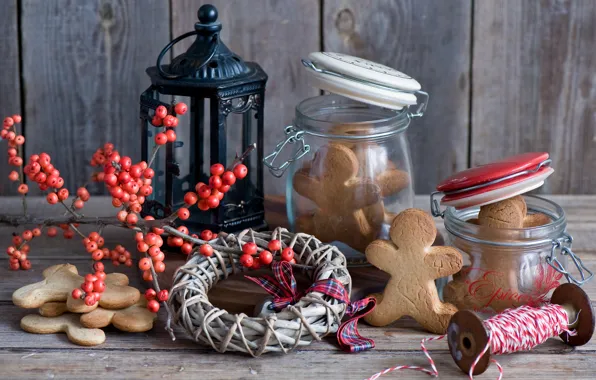 Winter, berries, men, branch, cookies, Christmas, jars, banks